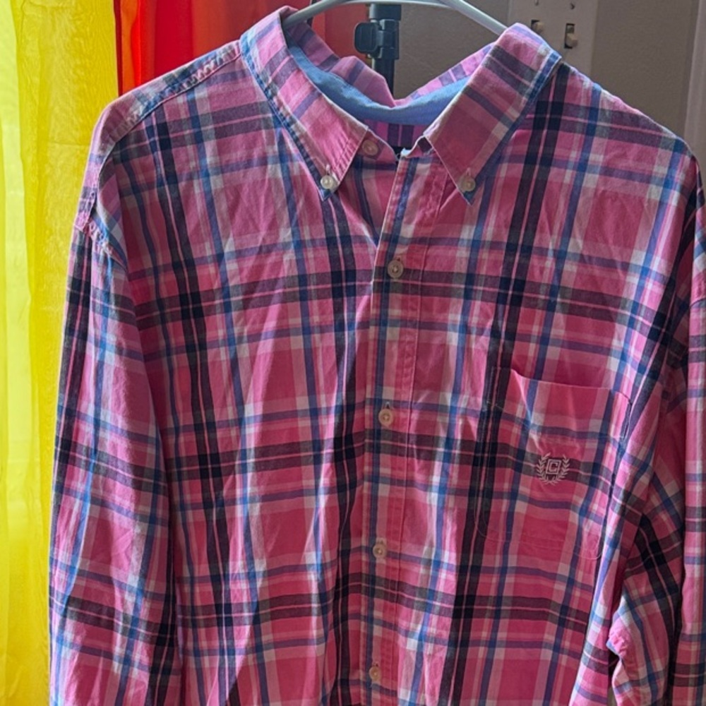 Chaps Men’s XXL Plaid Long-Sleeve Button-Down Shirt – Pink Navy Preppy Classic